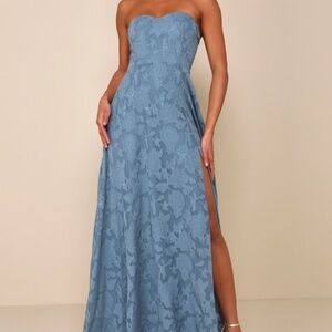 Lulus Garden Of Romance Dusty Blue Floral Burnout Strapless Maxi Dress - Size L
